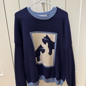 Anthropologie Flat White Navy Blue Dog Pattern Sweater